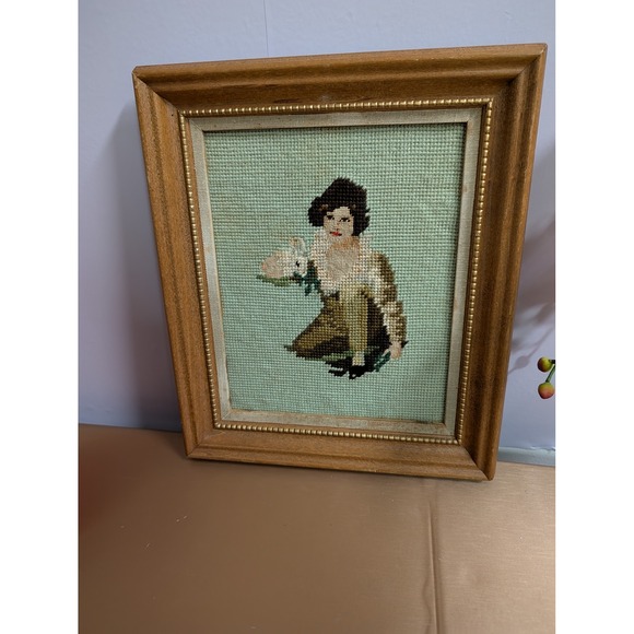 Other - Vintage‎ Framed Needlepoint Artwork Boy Holding Rabbit Wood Frame Folk Art